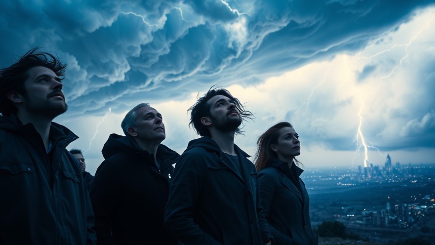 Individuals in awe on a plateau, experiencing prophetic insights amid stormy skies.
