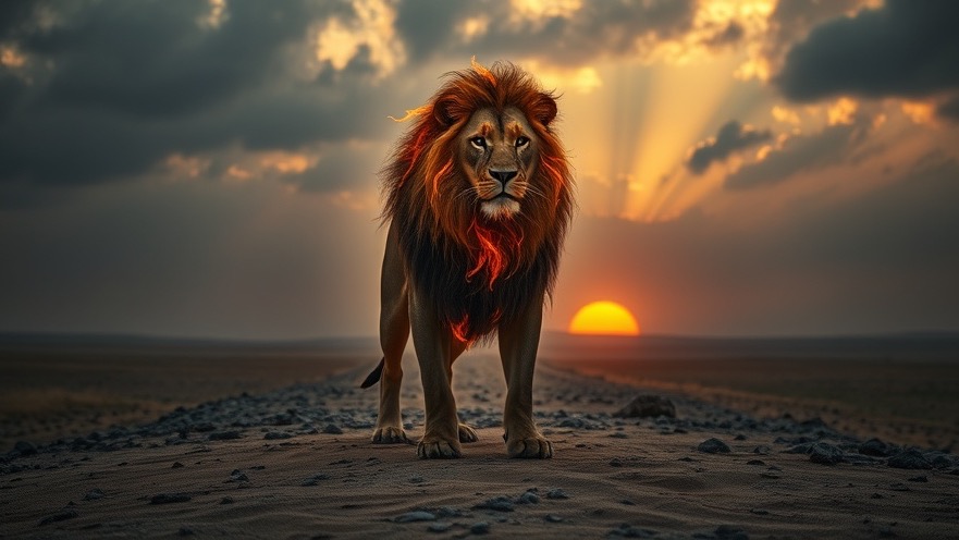 A majestic lion embodies strength amid flames, symbolizing prophetic reformers and spiritual awakening.