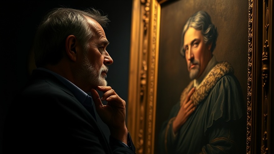 Middle-aged man in deep thought beside a portrait, embodying faith-driven unity.