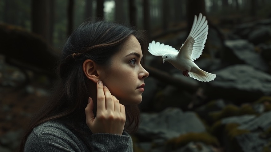 A young woman in a mystical forest listens to a dove, symbolizing spiritual growth.
