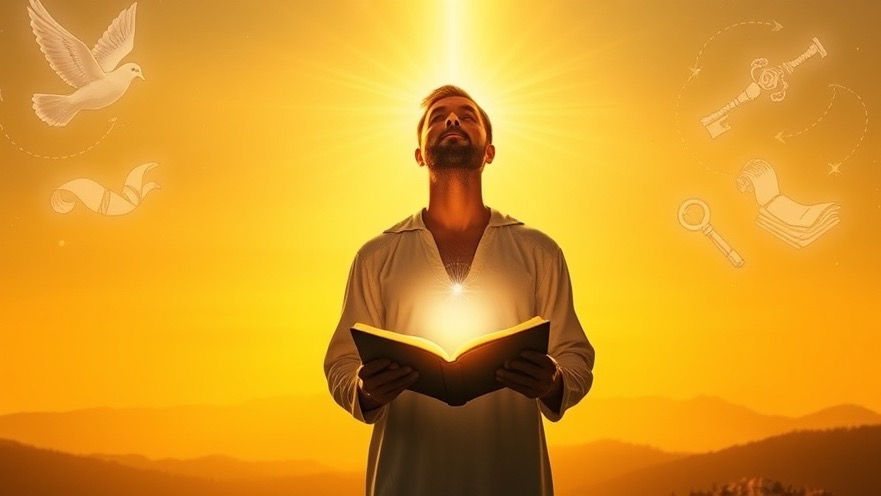 A figure in a golden-lit space holds an open Bible, embodying divine wisdom and community in faith.