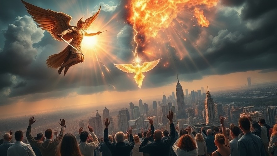 A celestial battle of light and darkness depicting spiritual warfare, with angel Michael and the Prince of Persia clashing above a city, as intercessors pray for revival.
