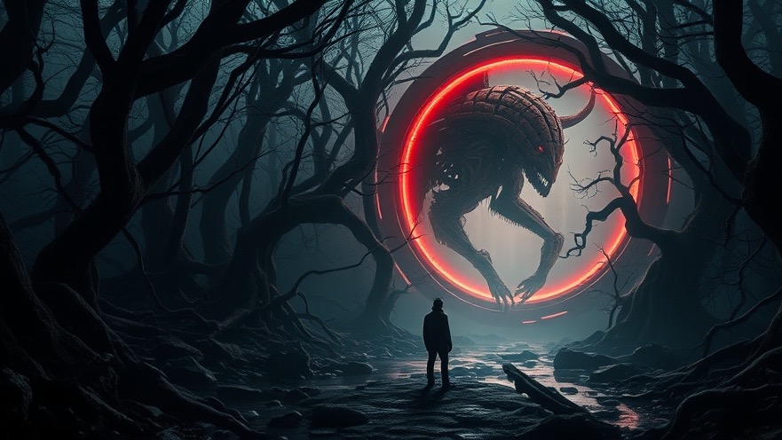 A mysterious portal reveals AI threats in a dark, gnarled forest at dusk.