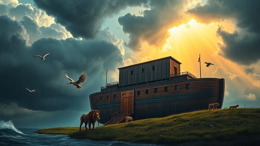 Noah's Ark on a hillside amid storm clouds, animals poised at the ramp, radiance breaks through.