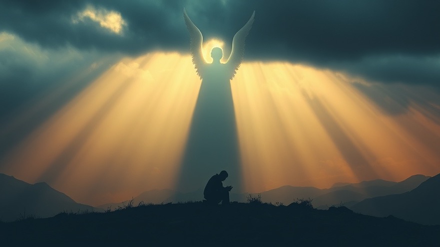 Joseph Z prayer of faith with guardian angels on a moody mountaintop.