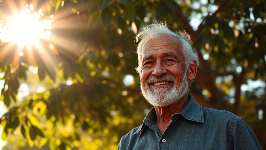 Diverse older man in sunlight, symbolizing nutrition and longevity through joy and vitality.