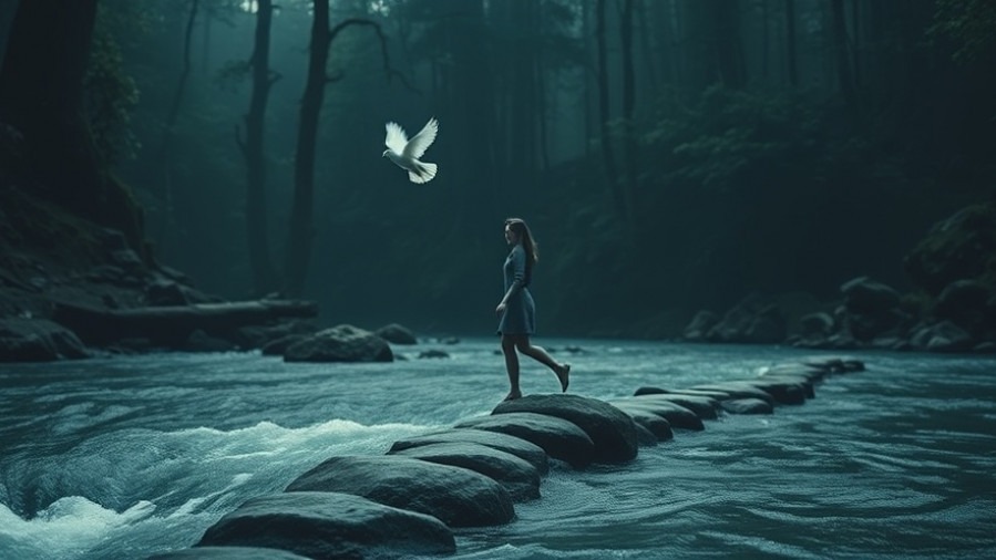 A serene scene of a dove in flight above a river, symbolizing divine timing and spiritual readiness.