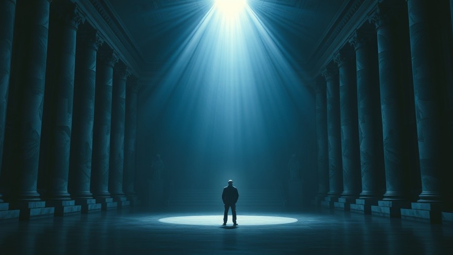 A figure in a dim courtroom experiences spiritual renewal and conviction under divine light.