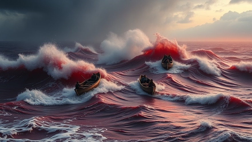 Kim Clement prophecy vision: Turbulent Crimson Sea under dark skies, embodying spiritual warfare.