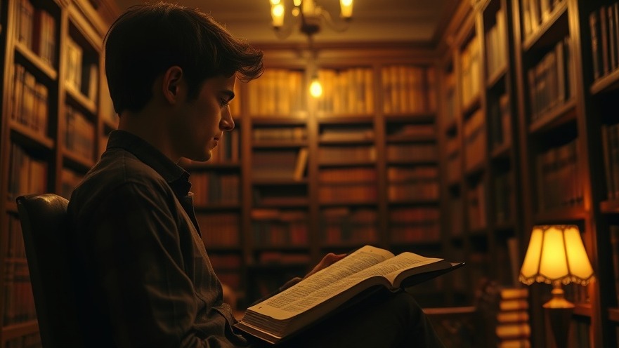 Young man in a library studying the Bible, reflecting on Rick Renner's teachings on Spiritual Warfare.