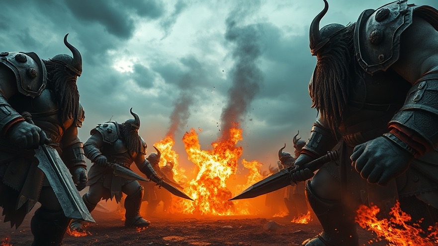 Epic battle scene with giants of antiquity, capturing moral decay and chaos.