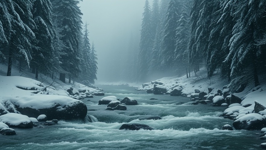 A healing river flows through a snowy forest, symbolizing winter season hope and restoration.
