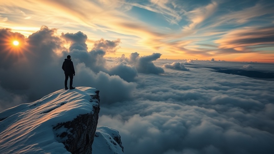 A figure stands at a snowy mountain cliff, embodying spiritual growth and personal breakthroughs.