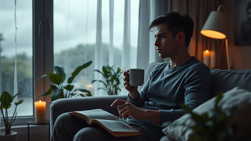 Young man in modern living room with Bible, coffee, and lush plants symbolizing spiritual growth.