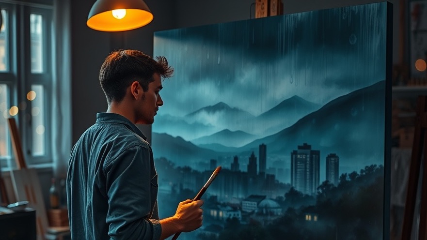 Artist captures God-given gifts in a rainy cityscape painting, inspired by spiritual calling.