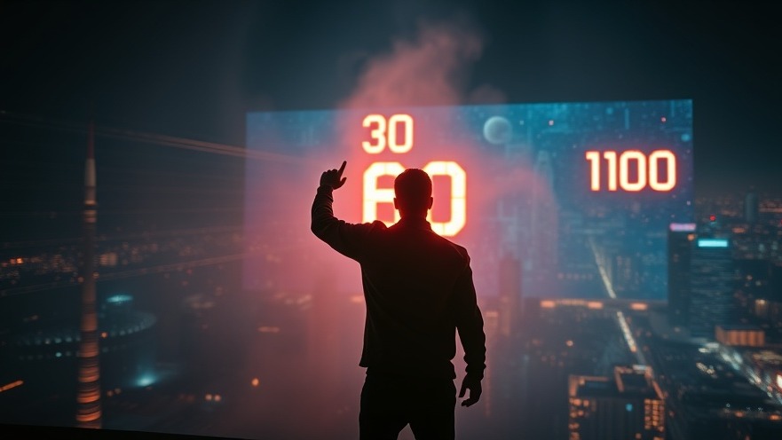 A man gestures towards glowing numbers in a futuristic scene, symbolizing spiritual empowerment.