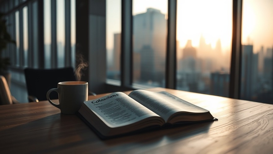 A serene office at dawn with an open Bible on a table, reflecting spiritual revelation.
