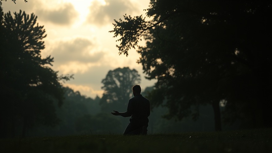 Kneeling figure in prayer, surrounded by nature, invokes miracles and healing.