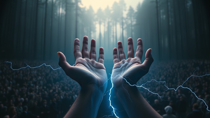 Awe-filled scene of spiritual warfare, hands glowing with divine light in prayer.