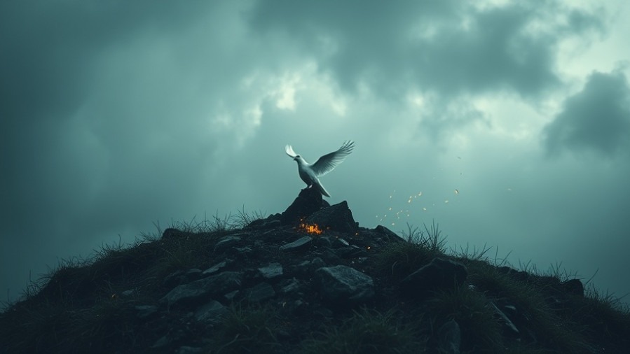 A white dove spreads its wings on a dark hill, symbolizing hope and miracles.