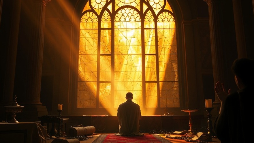 Radiant stained glass symbolizing healing after trauma at an altar, with shadows of intercession.