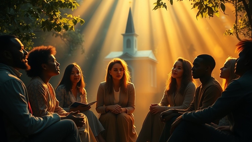 A diverse group discussing grace through faith, illuminated by divine light.