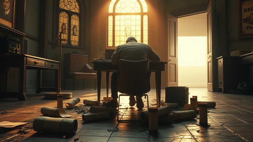 A weary figure at a desk, capturing the essence of spiritual burnout and renewal.