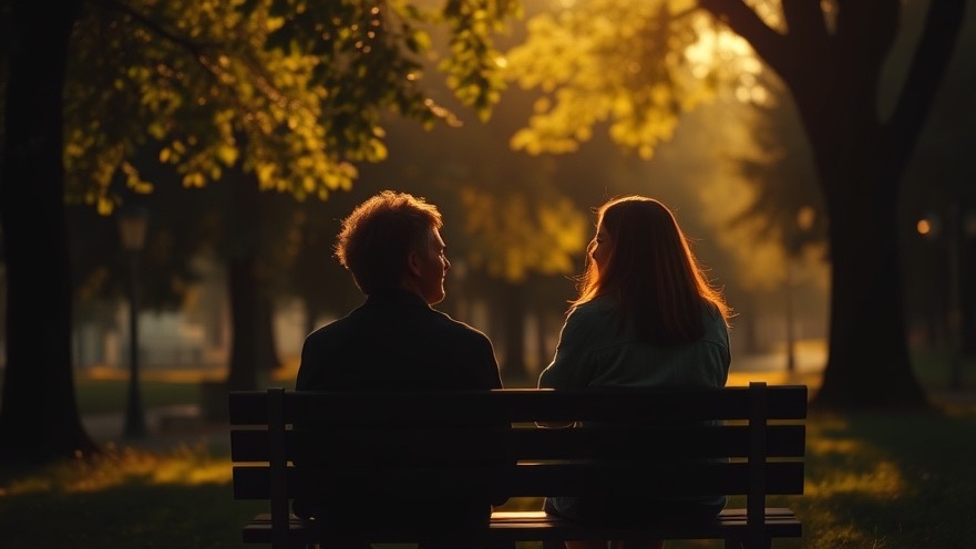 Two people in heartfelt conversation in a sunlit park, epitomizing Divine Encounters.