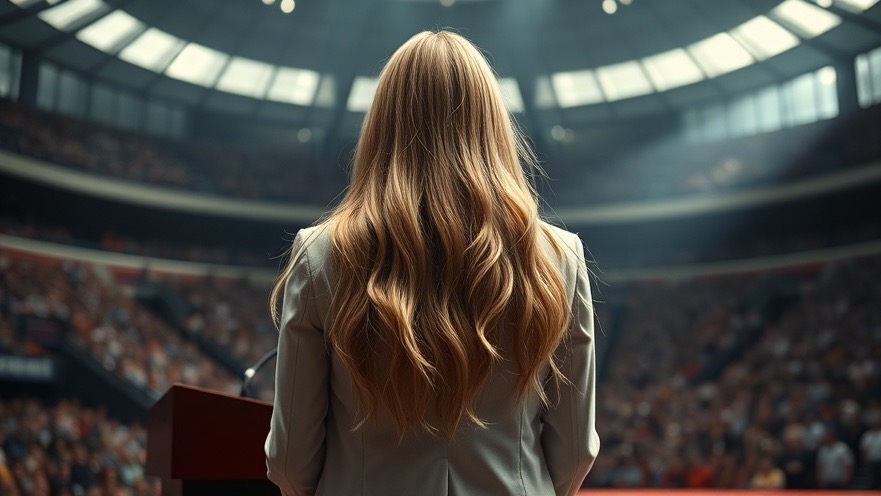 A woman at a podium in a stadium, embodying revivalism and spiritual warfare insights.
