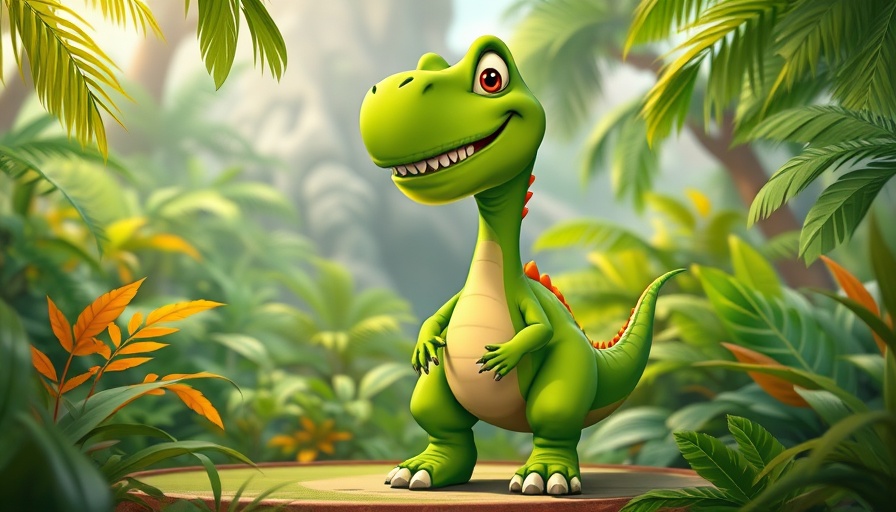 Jovial cartoon dinosaur in a vibrant jungle setting.
