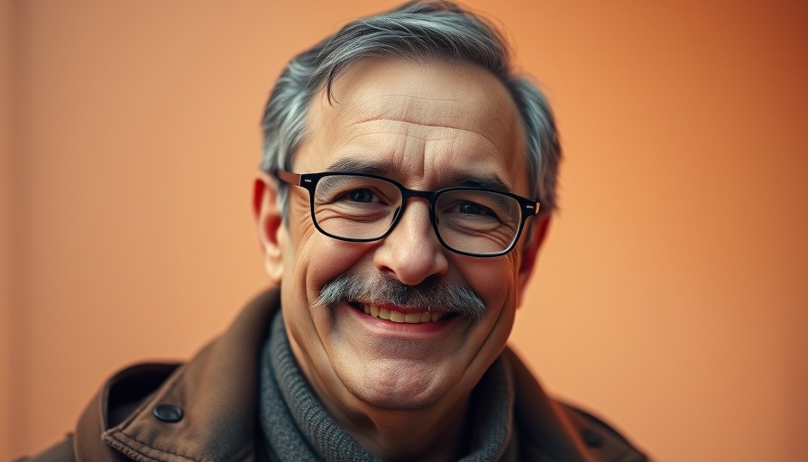 Man smiling in brown jacket against colorful background.