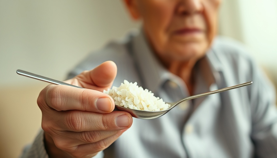 Close-up of an elderly hand with Parkinson's holding a spoon.