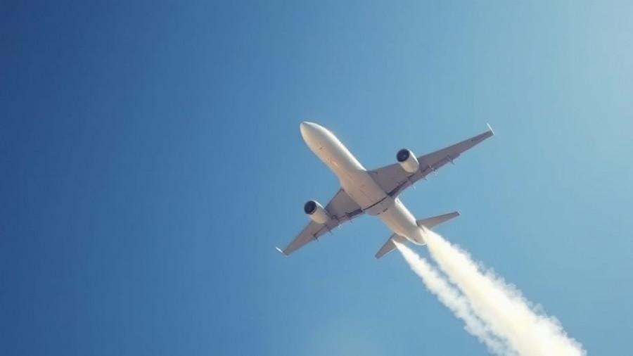 Jet flying in blue sky leaving chemtrails, chemtrail conspiracy theories.