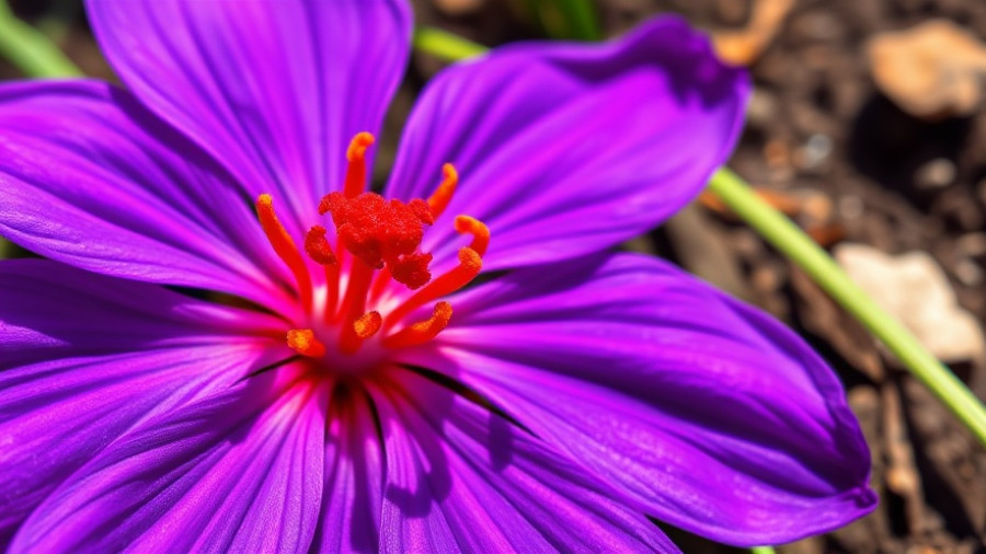 Close-up of a vibrant purple saffron flower on natural ground.