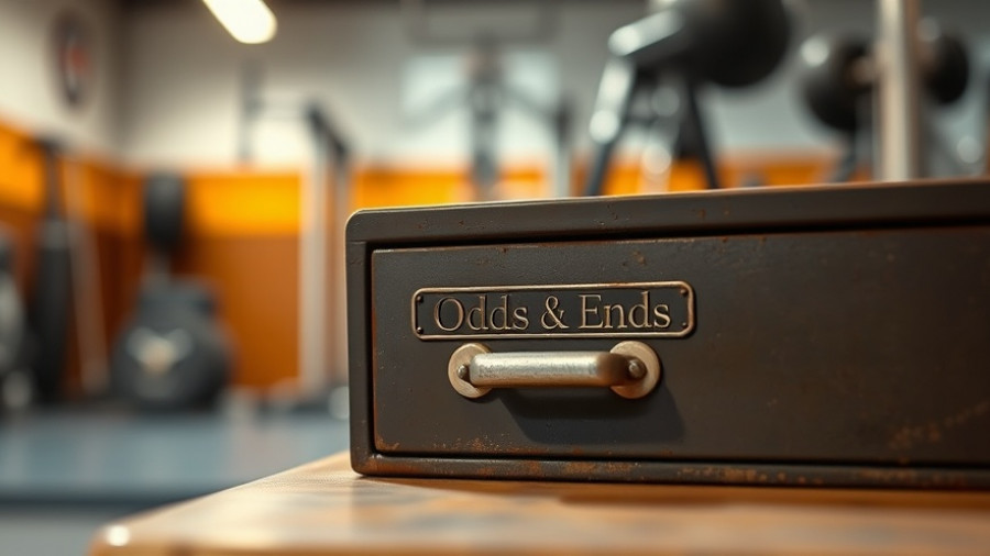 Gen Z gym trend, vintage drawer labeled 'Odds & Ends' in a retro gym setup.