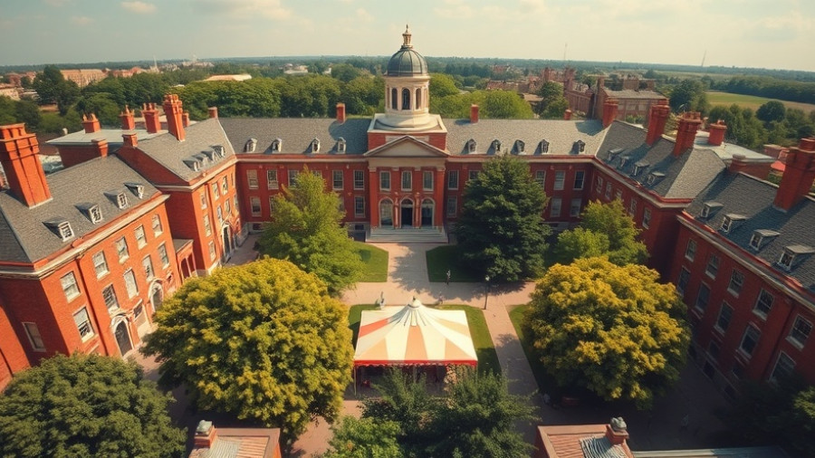 Aerial view of university campus with brick buildings and tower related to Trump's higher education compact.