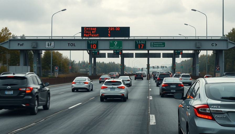 Cars approaching toll booths on highway under cloudy sky.