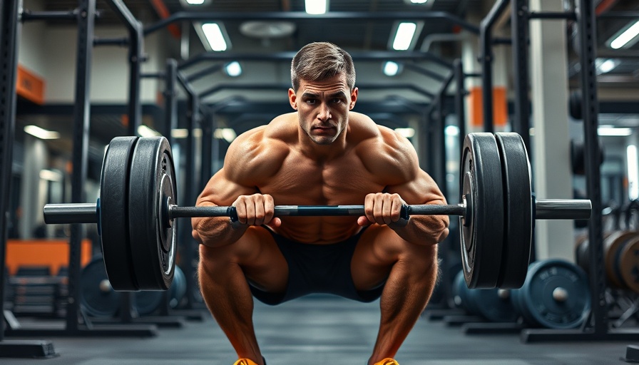Athlete improves squat with barbell in gym, vibrant setting.
