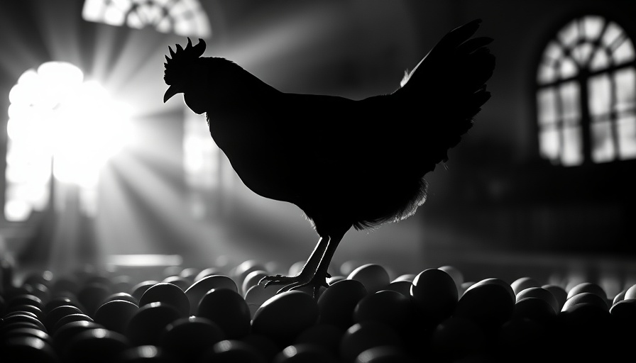 Silhouette of chicken atop eggs with bird flu pandemic threat text.