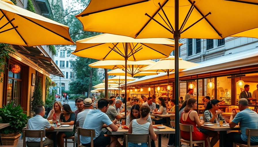 Outdoor dining Atlanta scene with people under yellow umbrellas