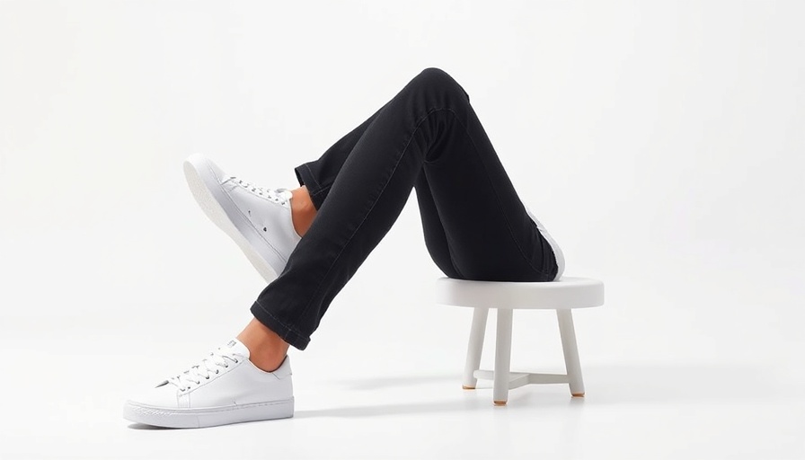 White sneakers with black jeans on a white stool, minimal style.