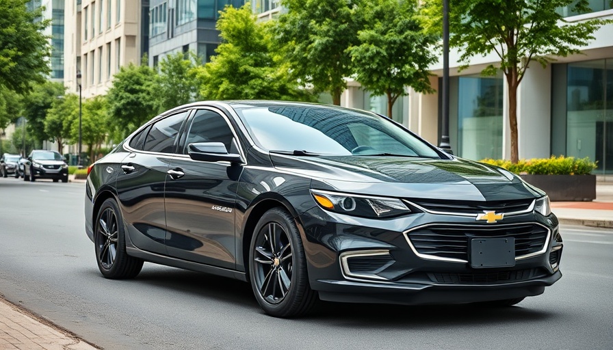 Sleek black Chevrolet in urban street with greenery.