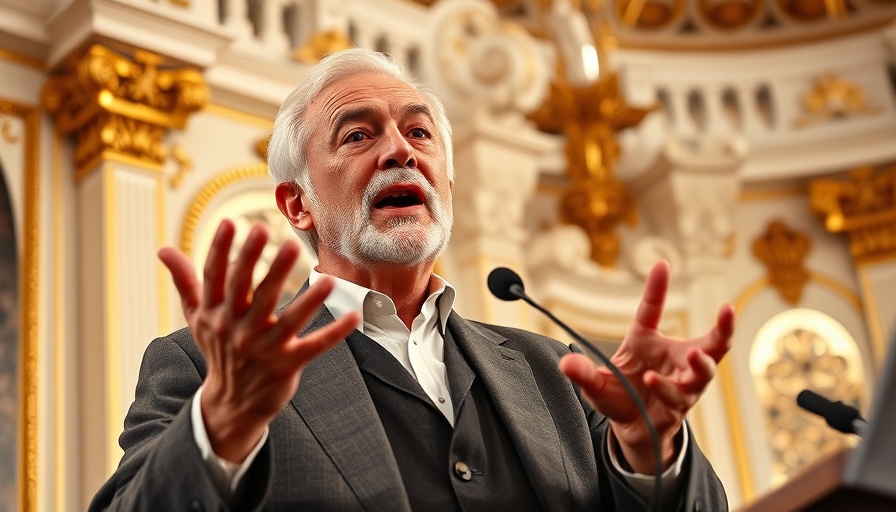 Older man's expressive gesture in formal setting, vibrant color.