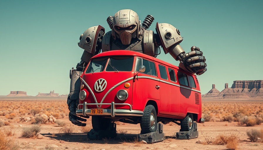 The Electric State movie scene with robot and van in landscape.
