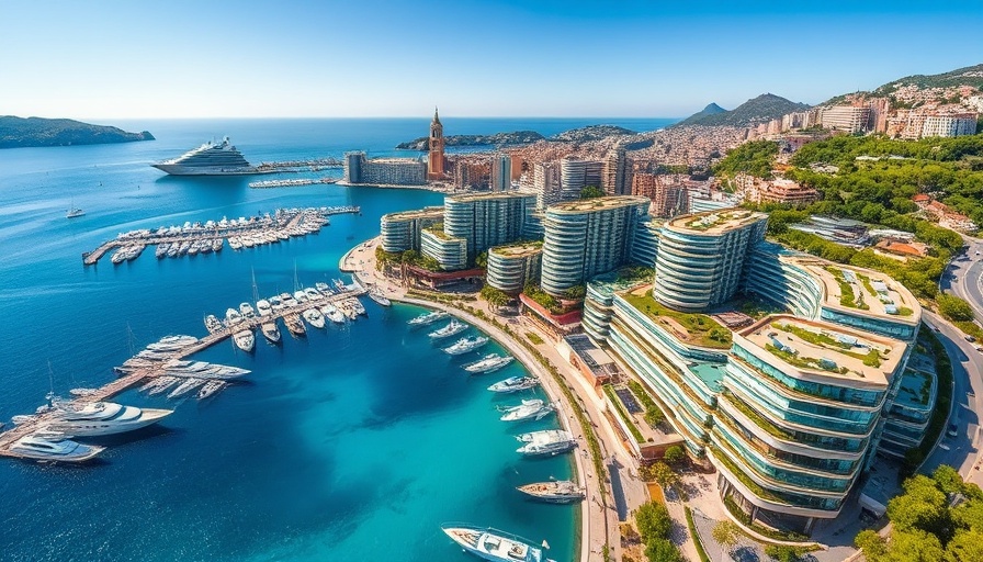 Aerial view of Mareterra Monaco eco-district with modern buildings and the sea.