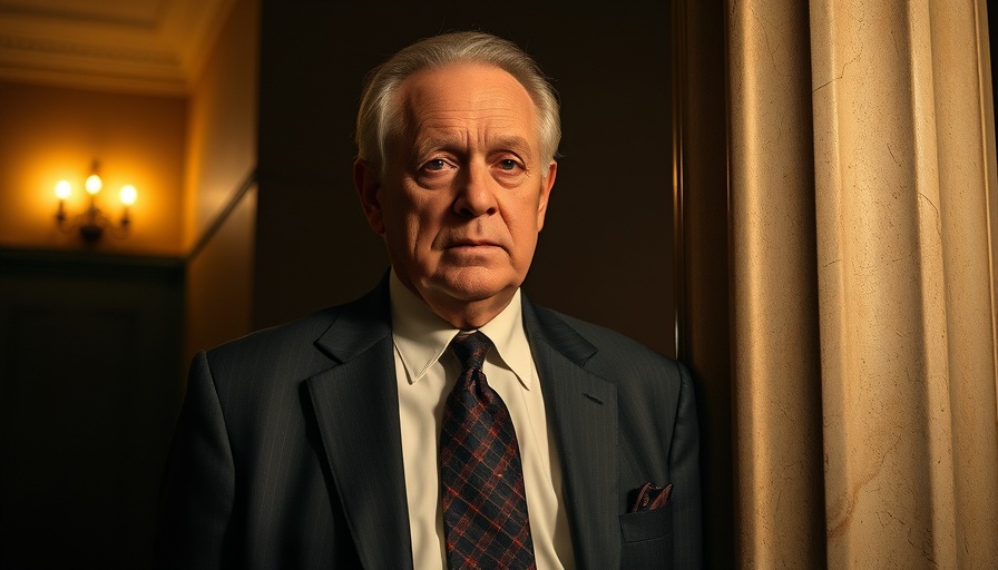Elderly man in formal suit with serious expression near pillar.
