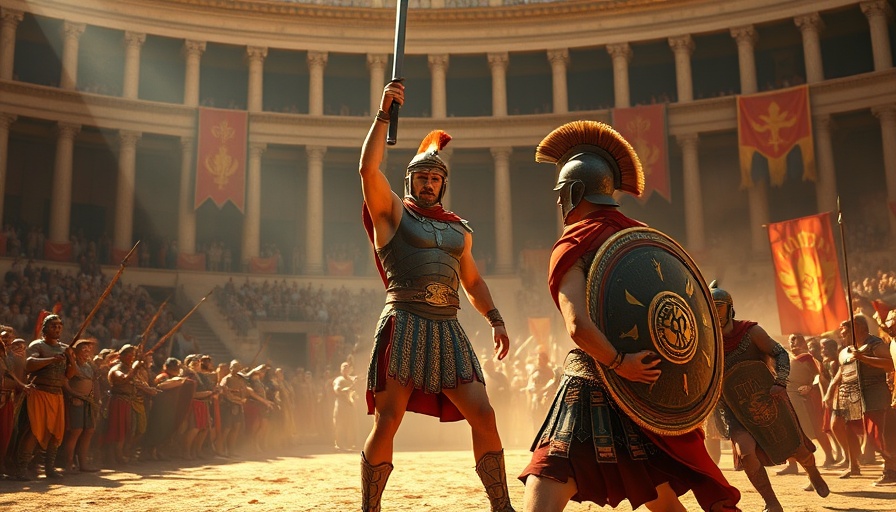 Dramatic depiction of Roman gladiators in an ancient arena.