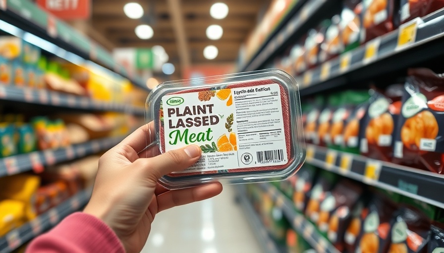 Examining plant-based meat package in grocery store.