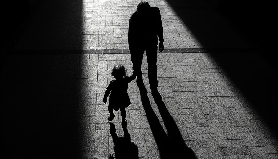 Shadows of adult and child on textured ground, AI misinformation implications.
