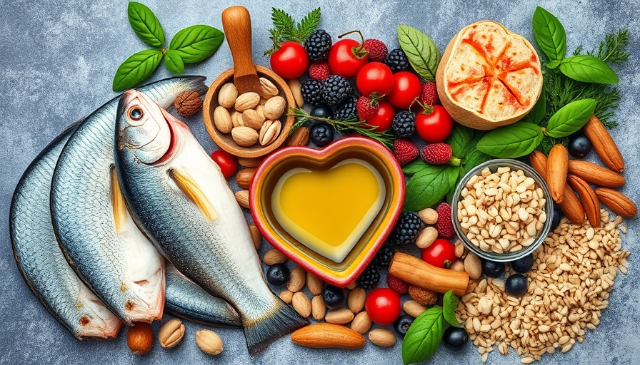 Mediterranean diet skin health foods including fish and berries.